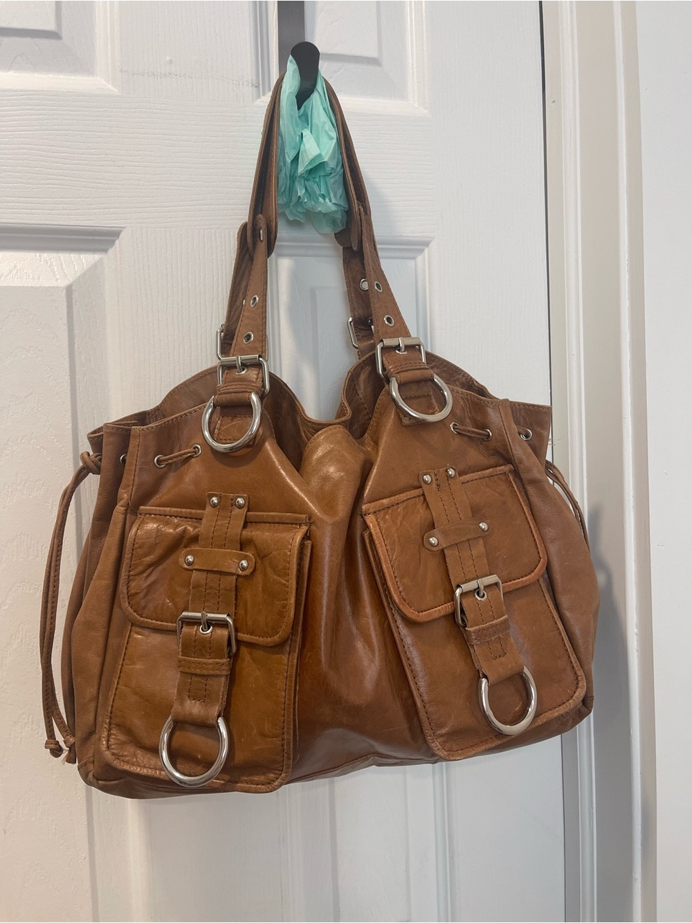Tano vintage  Brown Leather Shoulder Bag with Buckle Pockets 2YK